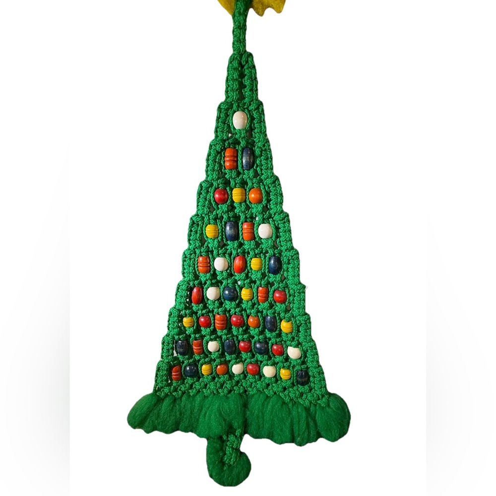 Vintage Macrame Christmas Tree Wall Hanging Boho 70’s Green Multicolor Beads ~32